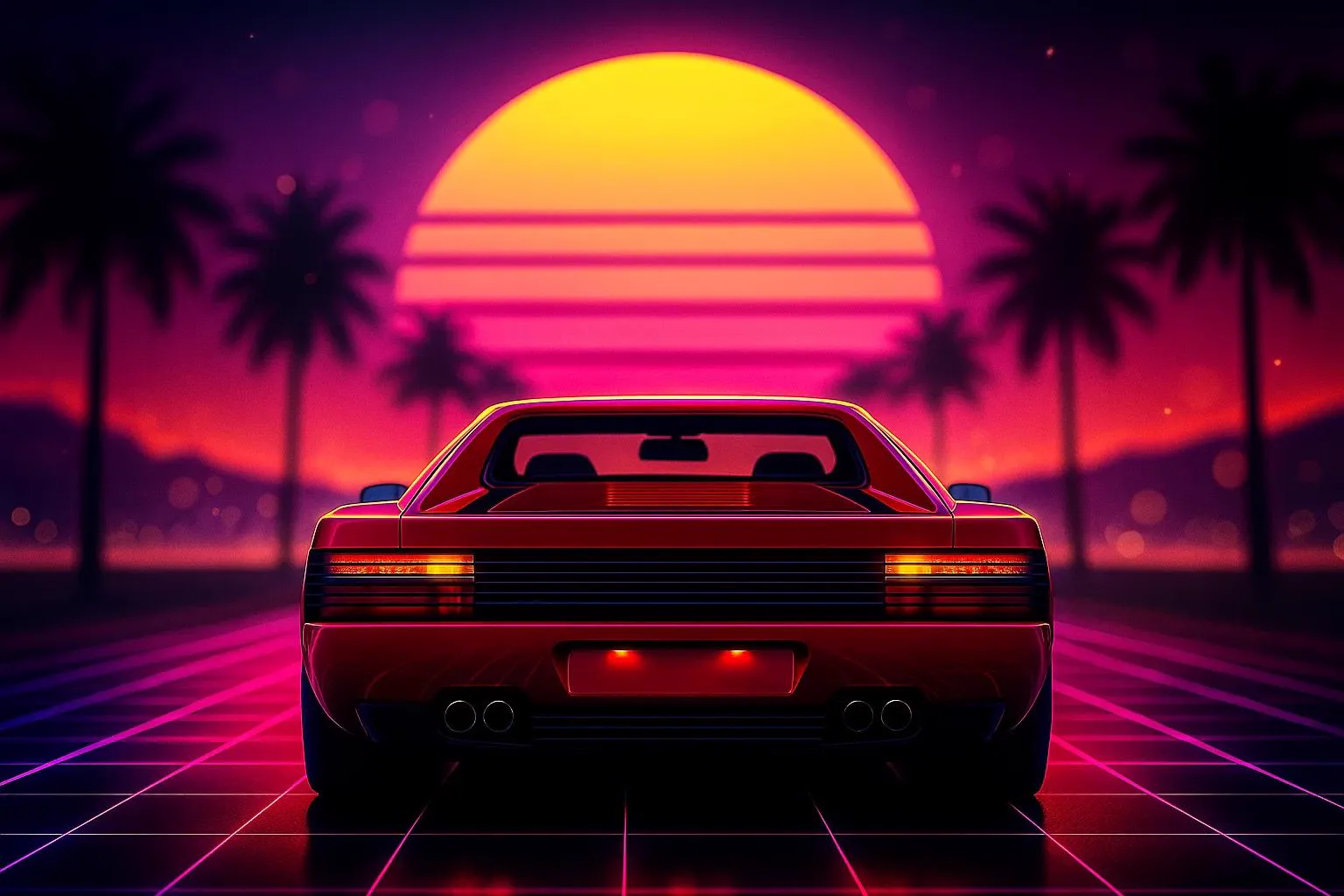 Synthwave retro car on neon grid road at sunset