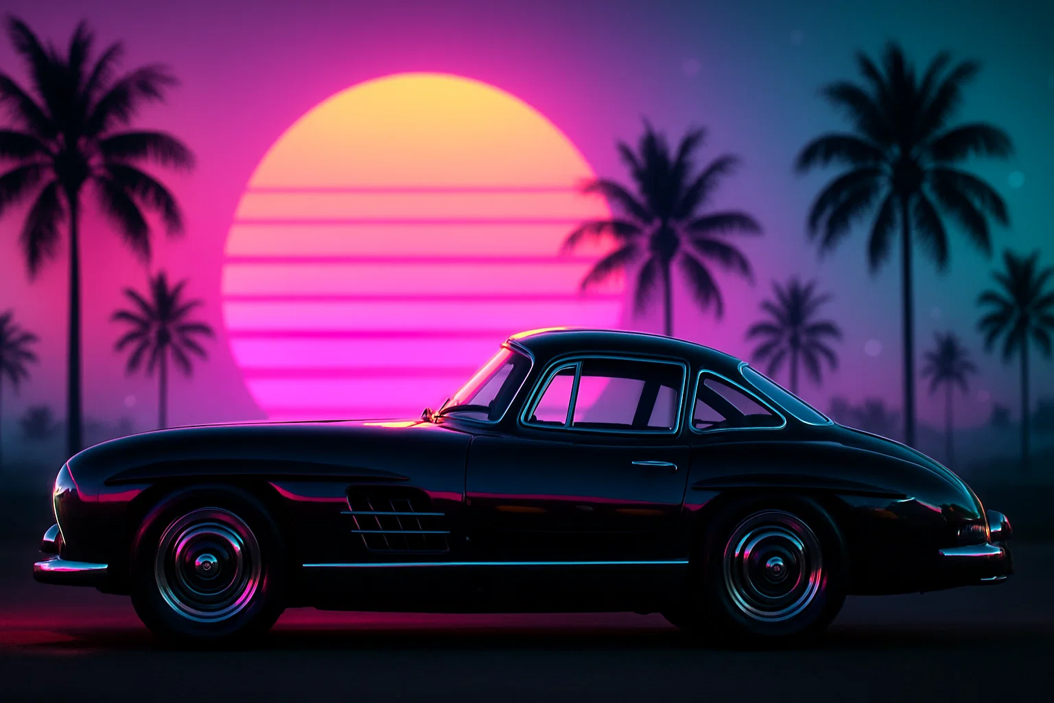 Retro-futuristic car silhouette with neon sunset
